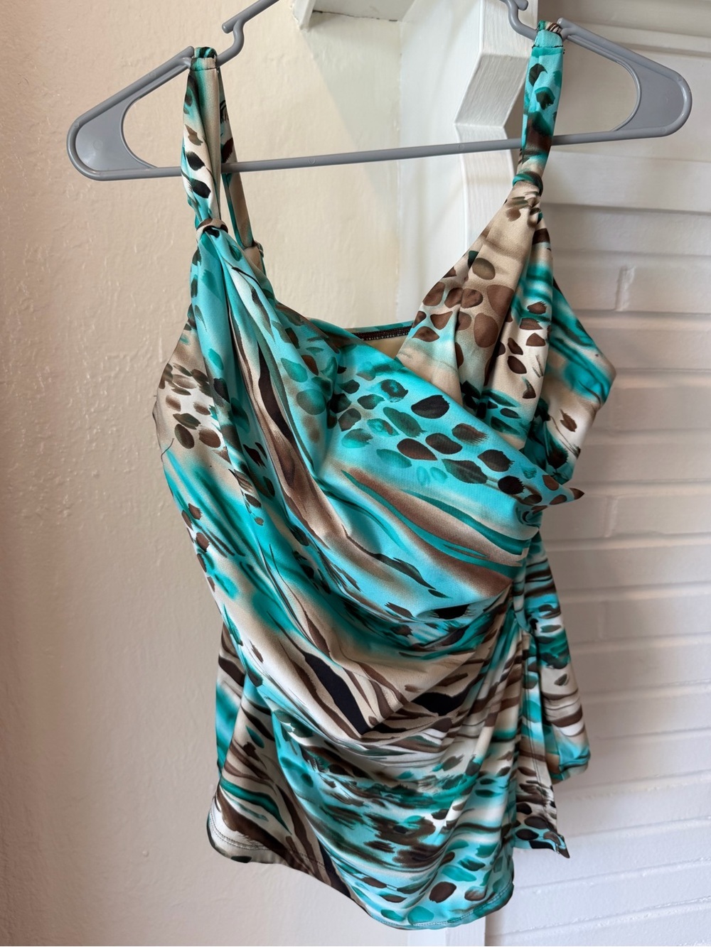 Miraclesuit Teal and Brown Patterned Draped Bikini Top